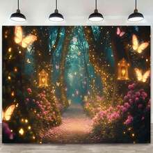 Magical Butterfly Path Fairy Forest Wall Tapestry - Enchanting Glowing Lanterns & Vibrant Flowers, Polyester Fabric, Perfect For Living Room, Bedroom, Or Party Decor, 59x39in / 51.18x59in / 90.5x70.8in, Living Room Enhancement| Magical Ambiance| Durable Wall Hanging, Butterfly Decorations - 如圖所示 - 查看 3