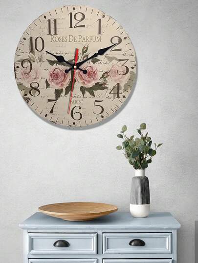 Vintage Floral Wooden Wall Clock - Silent Non-Ticking Roman Numerals, Beige Background, Elegant Rose Decor, Suitable For Living Room, Kitchen, Wedding, Anniversary - Battery Powered (AA Batteries Not Included) - Available In 10/12/14/16 Inch Sizes - Perfect Housewarming Gift, Home Decor, Classic Design, Silent Movement, Wedding Planning
