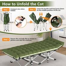 Folding Camping Cot Adults, Heavy Duty 1200D Oxford Camping Bed With 3.5in Thick Mattress, 500lbs Load, Portable Foldable Outdoor Cot Camping, Travel, Home Guest, Office Nap - 特大號 + 綠色 - 查看 6