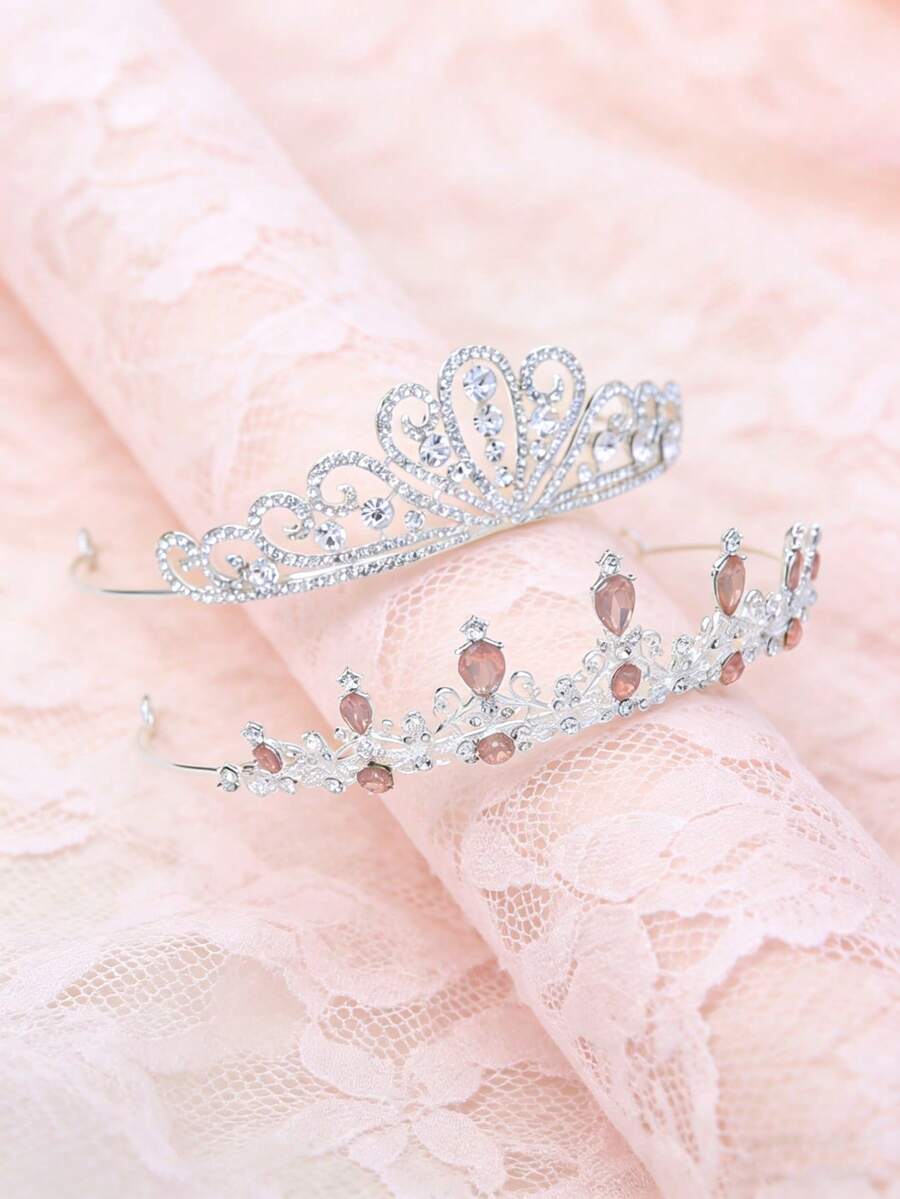 2pcs Baroque Bridal Hair Accessories, Wedding Dress Headpiece, Alloy Adult Party Fully Rhinestone Crown, Luxury Crystal Tiara - Multicolor - View 1
