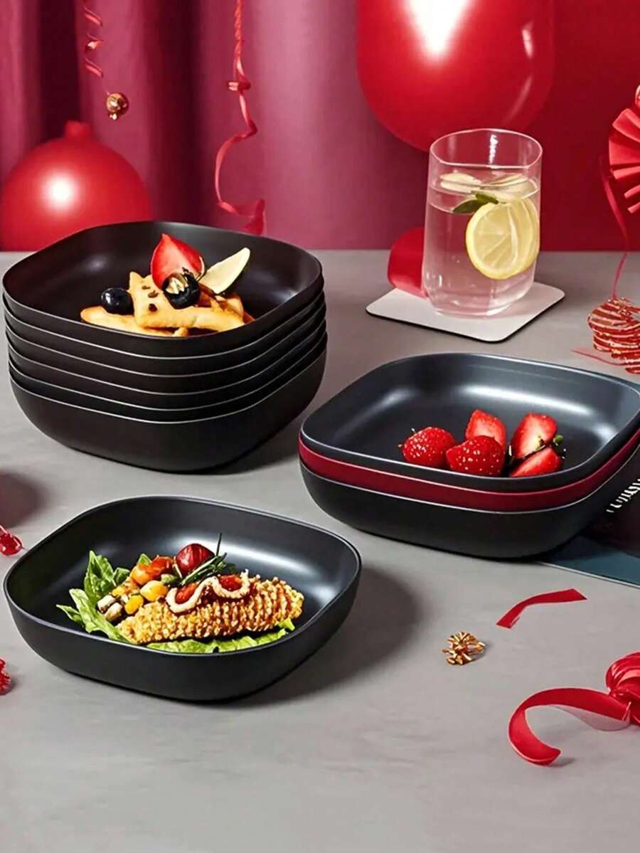 10/8/6/5/4件套黑色餐盘，水果盘，坚果盘，骨头盘，小吃盘，小麦盘，干果盘，可重复使用的婚礼蛋糕盘，小吃沙拉派对盘，适合旅行、露营、野餐 - 黑色 - 查看 1