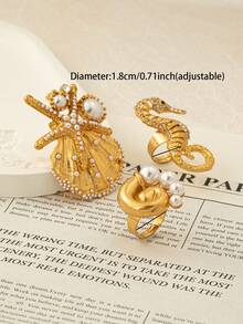 3件套夏季沙滩风戒指套装，女士ABS珍珠装饰贝壳、海星、海马造型戒指，独特饰品