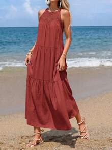 Women Summer Sleeveless Loose Dress Casual Hollow Out Halter Sleeveless Boho Long Sundress Spring Beach Holiday Vacation Valentine Long Maxi Dress - 鐵鏽紅 - 查看 4