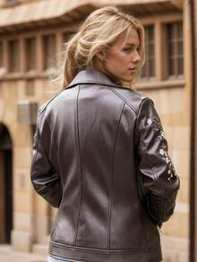Chaqueta de motociclista de cuero de PU vintage para mujer (bordada) - Opción perfecta para uso casual en primavera y otoño, elegante y de moda - Café integral - Ver 3
