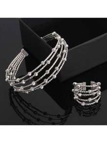 2件套【来自沙特阿拉伯的精美礼物】24K镀金可调节手链戒指套装，女士珠宝，优雅波西米亚风格手链设计，叠戴波西米亚风珠宝，沙特女士时尚珠宝套装，多种款式可选，日常及派对佩戴的完美礼物