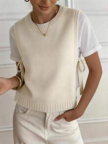 女士休闲优雅侧边打结圆领针织上衣纯色背心套头衫无袖毛衣休闲简约风街头服饰上学居家度假外出穿搭白色女式上衣 - 白色 - 查看 3