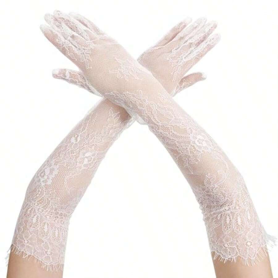 Women's White Long Lace Gloves Mesh Tulle Sheer Elbow Length Bridal Wedding Glove Elegant Floral Costume Gloves For Wedding Opera Party Tea Party Cocktail Cosplay Masquerade - 如圖 - 查看 1