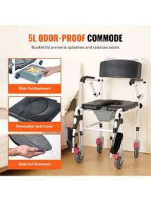 Shower Commode Wheelchair With 4 Lockable Wheels, Footrests, Flip-Up Arms, 3-Level Adjustable Height, 5L Removable Bucket, 350 LBS Capacity, Commode Chair For Adults Seniors - Black and White - View 6