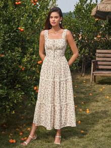 PARTHEA 夏季休闲碎花无袖连衣裙 - 杏色 - 查看 5