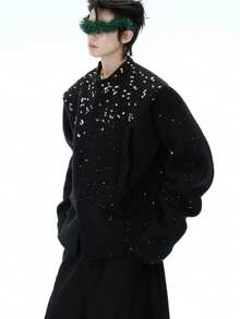 Cárdigan holgado con destellos de diamantes, estilo casual chic - Negro - Ver 4