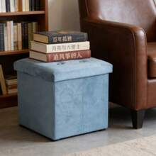 Taburete de almacenamiento, taburete plegable, acolchado con funda, taburete de noche y taburete para cambiar zapatos, adecuado para sala de estar, área de entrada, dormitorio, taburete tipo caja de almacenamiento en dormitorio, 3 tamaños y 5 colores para elegir. - Azul - Ver 4