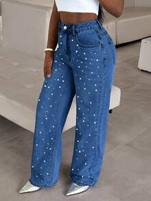 Quần jeans nữ ống đứng cạp trung bình với chi tiết ngọc trai giả - Màu nhuộm cổ điển, túi tiện dụng, dáng ôm, quần jeans thường ngày đa năng. - Rửa tối - Xem 4