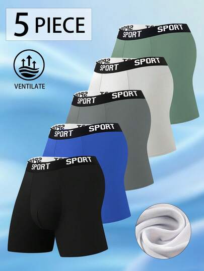 Juego de 5 calzoncillos tipo bóxer para hombres: Cintura con logo "SPORT", tela suave y de varios colores, ropa interior transpirable para uso diario
