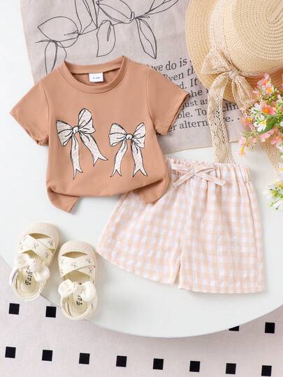2pcs Baby Girls' Cute Casual Bow Decor T-Shirt + Plaid Shorts Set, Lightweight Summer Outfit