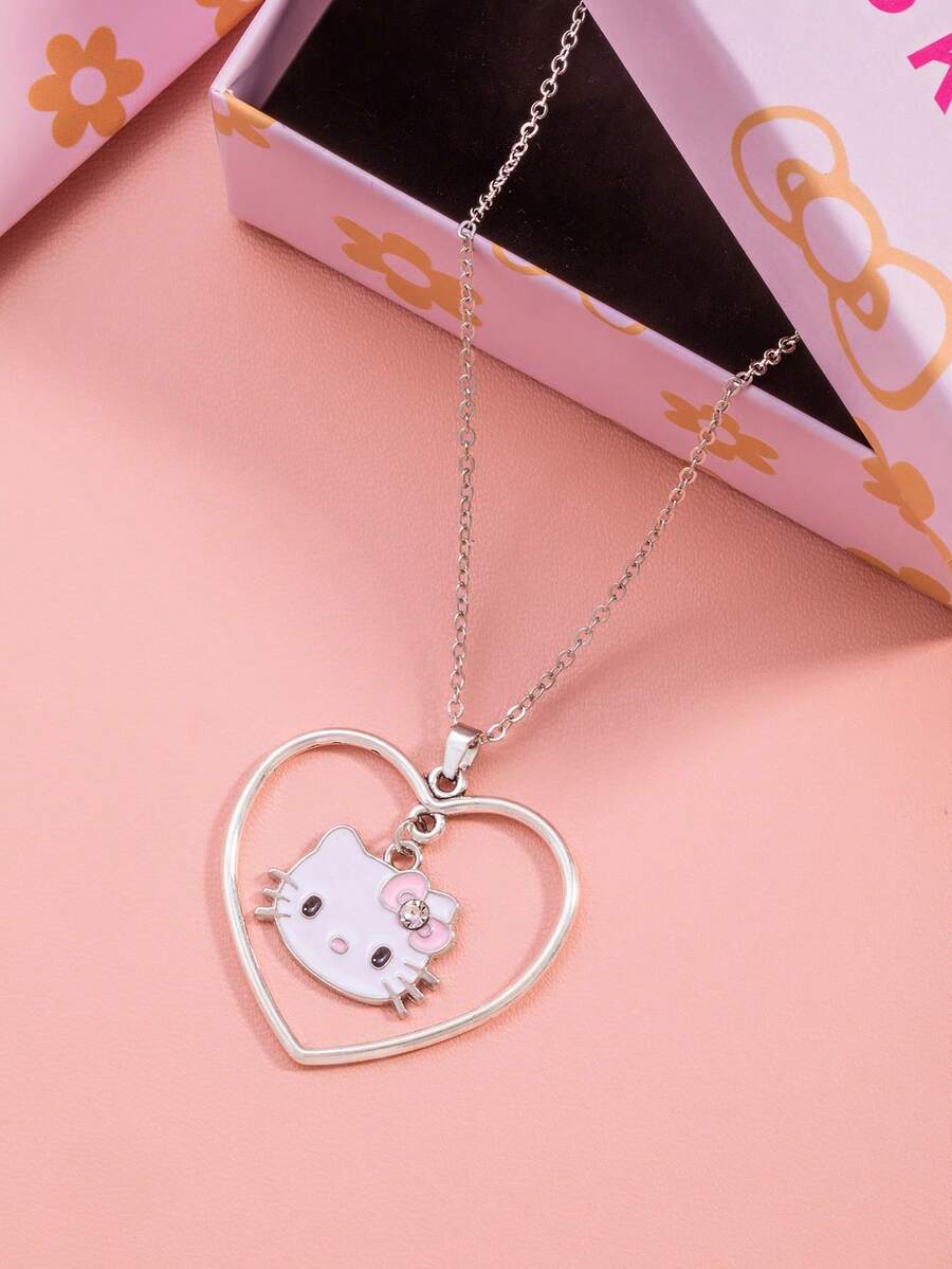 Sanrio 1件时尚可爱的Hello Kitty吊坠项链，适合日常佩戴 - 銀色 - 查看 1