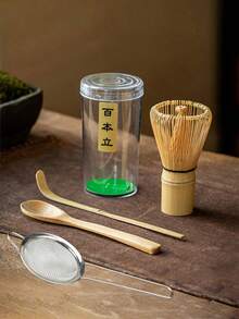 抹茶搅拌器套装 - 抹茶碗和竹制抹茶搅拌器、茶漏、勺子、筛子，完美的抹茶茶道入门套装