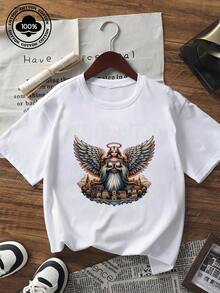 Camiseta feminina Guardian Of The Skyline Angel com estampa gráfica, manga curta, gola redonda, modelagem solta, estilo streetwear vintage, perfeita para looks de verão do dia a dia.