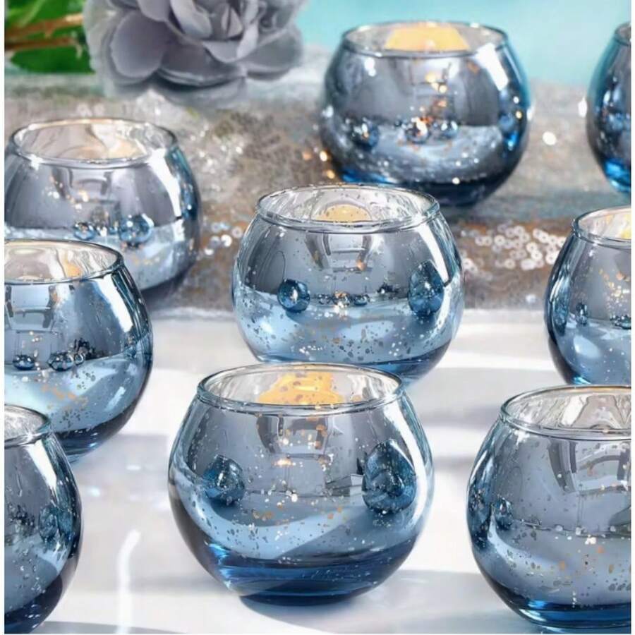 12PCS Glass Mercury Candlestick, Round 5x5cm, Modern Tea Cup, Modern Wedding Centerpiece, Party Home Dining Table Decoration - Blue - View 1