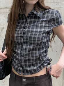 韩版街头风抽绳腰格子短袖衬衫，夏季黑色 - 黑色 - 查看 3