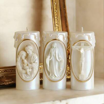 圆柱形圣母玛利亚与耶稣浮雕蜡烛模具，耐热 | 高弹性硅胶模具，用途广泛 - 可用于制作蜡烛、石膏/绘画、挤压玩具/减压玩具、摄影背景、DIY环氧树脂和工艺浇铸、手工石膏和混凝土蜡烛制作。适用于节日家居装饰、家庭庆典派对礼物、手工礼品，一体成型，柔韧易清洁，可重复使用。