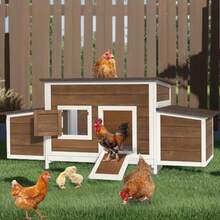 On  Solid Wood  For 4-6 Chickens Outdoor Wooden Chicken Run Pen With 2 Nesting Boxes Poultry Cage Rabbit Hutch Duck Coop Hen House W Weatherproof Roof And Removable Tray Brown - 棕色 - 查看 1