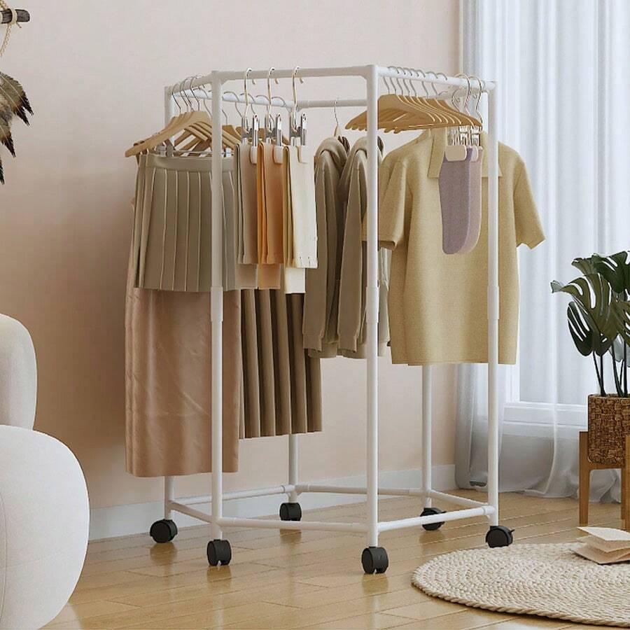 Simple Clothesline For Home Use: Floor-Standing Clothesline For Bedroom Or Balcony, With Large Capacity Multi-Angle Drying Bar And Reinforced Multifunctional Clothes Rack. Easy-To-Install Multifunctional Rotating Hexagonal Clothesline, Hanging Clothesline And Clothes Rack. - 白色 - 查看 1