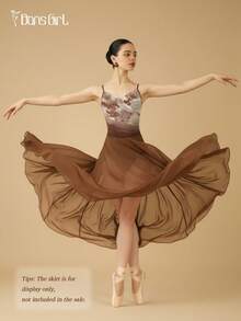 DonsGirl 女士芭蕾舞紧身衣 - 性感印花网纱荷叶边V领细肩带，法式优雅浪漫连体衣 | 全衬里和可拆卸胸垫 - 咖啡棕 - 查看 5