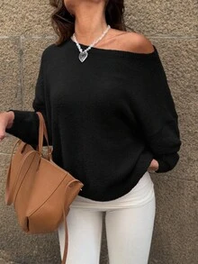 Women's New Casual Solid Color Loose Open Shoulder Long Sleeve Sweater, Romantic Pink, Oversized Knit Top Black Spring - Black - View 8