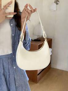 New Fashionable And Simple Crescent-Shaped Bright Surface Shoulder Bag, With A Distinctive Texture And Classic Look That's Suitable For Daily And Commuting Use, Detachable Shoulder & Crossbody Bag, Business Casual Women Bag, Perfect For Office, Business And Work, Japanese Bag, Vintage Bag For Women, Street & Japanese Bag For Women , Old Money - 白色 - 查看 4