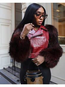 Women's Fashion Faux Fur Crocodile Print Jacket Collar Design Waist Belt Detail Zipper Closure - Red G0772 - View 2