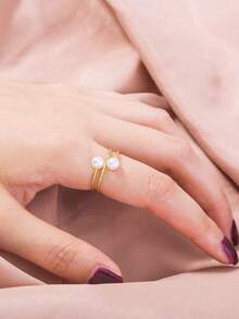 Nooxian 1pc Adjustable Pearl Geometric Open Ring - Yellow Gold - View 1