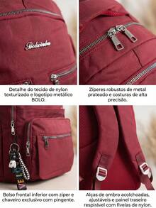 Large Capacity Solid Color Casual Nylon Backpack With Keychain For Travel And School - màu đen - Xem 5