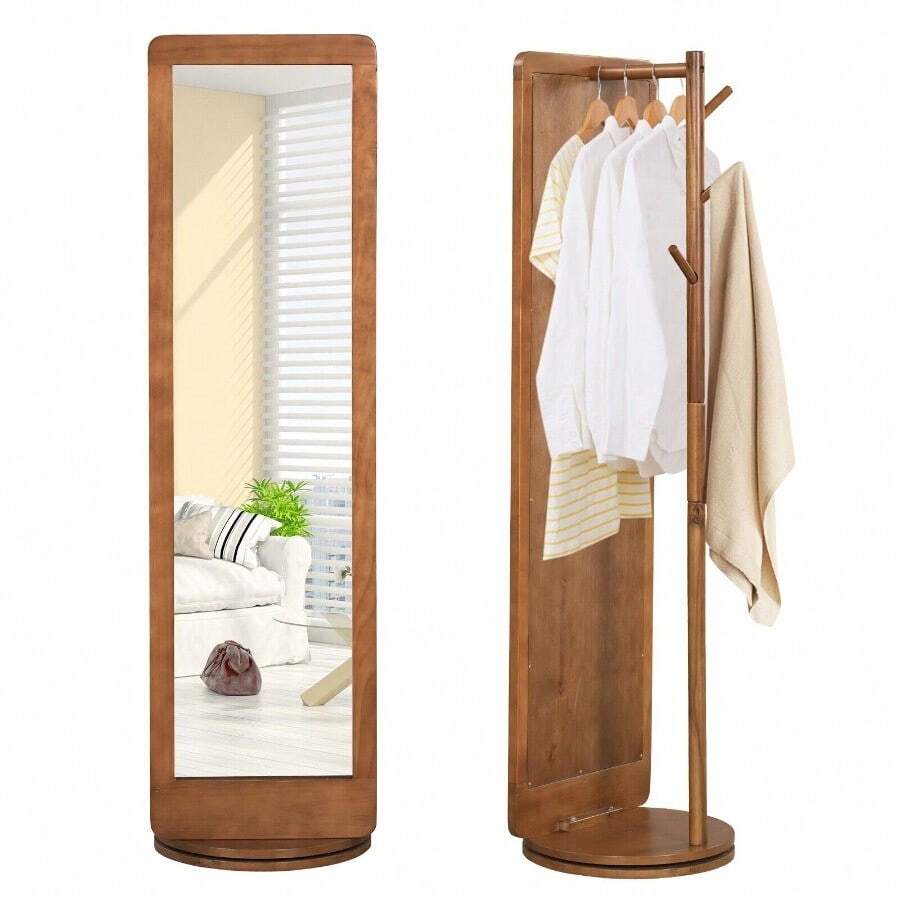 GOFLAME 2-In-1 Freestanding Dressing Full Body Mirror Coat Rack With 360° Rotating Base - Brown - View 1