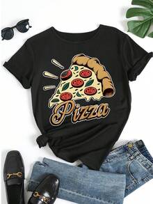 Camiseta casual de mujer con estampado gráfico de pizza, de cuello redondo y manga corta, de ajuste holgado, en color blanco, para uso diario y salidas - Negro - Ver 5