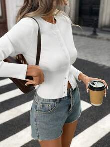 女士优雅修身纯色前开衩下摆罗纹长袖开衫，休闲百搭，适合日常穿着和旅行，春夏秋季白色 - 白色 - 查看 3