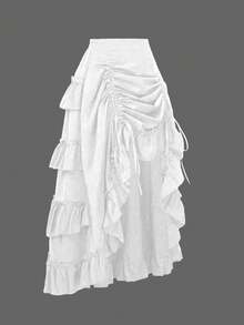 Vintage American High-Waisted Ruched Ruffled Hem Skirt, Asymmetrical Layered Mid-Length Skirt, Y2K Goth Slim Fit Skirt, Spring/Summer Asymmetrical Ruched Gothic Style Skirt White - White - View 3