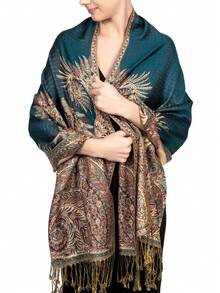 1 szt. żakardowy szal z frędzlami i wzorem orzechów nerkowca, hidżab - Wielokolorowe - Zobacz 1