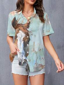 Women's Casual Short Sleeve Horse Head Print Shirt - Lightweight Summer Button Top, Machine Washable Round Neck Top, Vibrant Abstract Art Design, Women's Shirt, Casual Outing Wear - [多色] - 查看 2