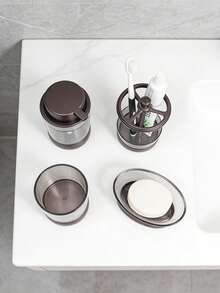 Juego de 4 Piezas de Accesorios de Baño - Incluye Portacepillos de Dientes, Dispensador de Jabón, Jabonera, Vaso para Enjuague y Botella Recargable, Perfecto para el Baño - marrón - Ver 2