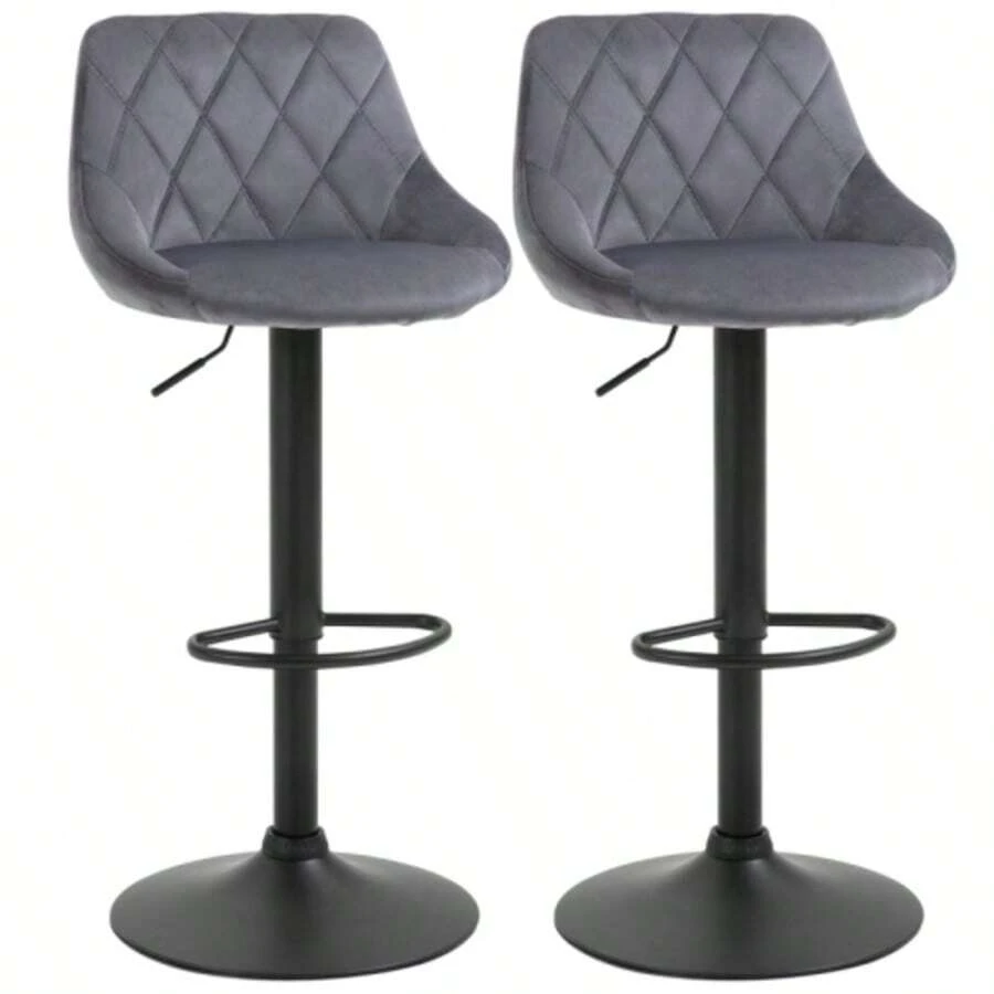 Set Of 2 Height-Adjustable Bar Stools With Backrest, Velvet-Look Finish, Metal Frame, Footrest, Swivel, Dark Grey - Dark Grey - View 1