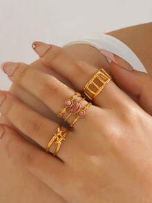 3件套不锈钢18K镀金几何天然石戒指套装，适合女士日常及派对佩戴