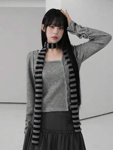 秋季不对称领长袖修身时尚短款上衣（不含围巾）休闲 - 灰色 - 查看 7