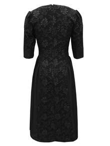 Women's Elegant Minimalist Black Jacquard Patchwork Fabric Round Neck Short Sleeve Midi Dress, Spring/Summer - Black - View 2