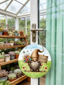Gnome Holding Bouquet Hanging Sign, Wooden Welcome Wreath Decor, Rustic Style Round Door Sign, Suitable For Home, Yard, Garden, Living Room, And Bedroom Welcome Decor, Perfect Holiday Gift - Multicolor - View 5
