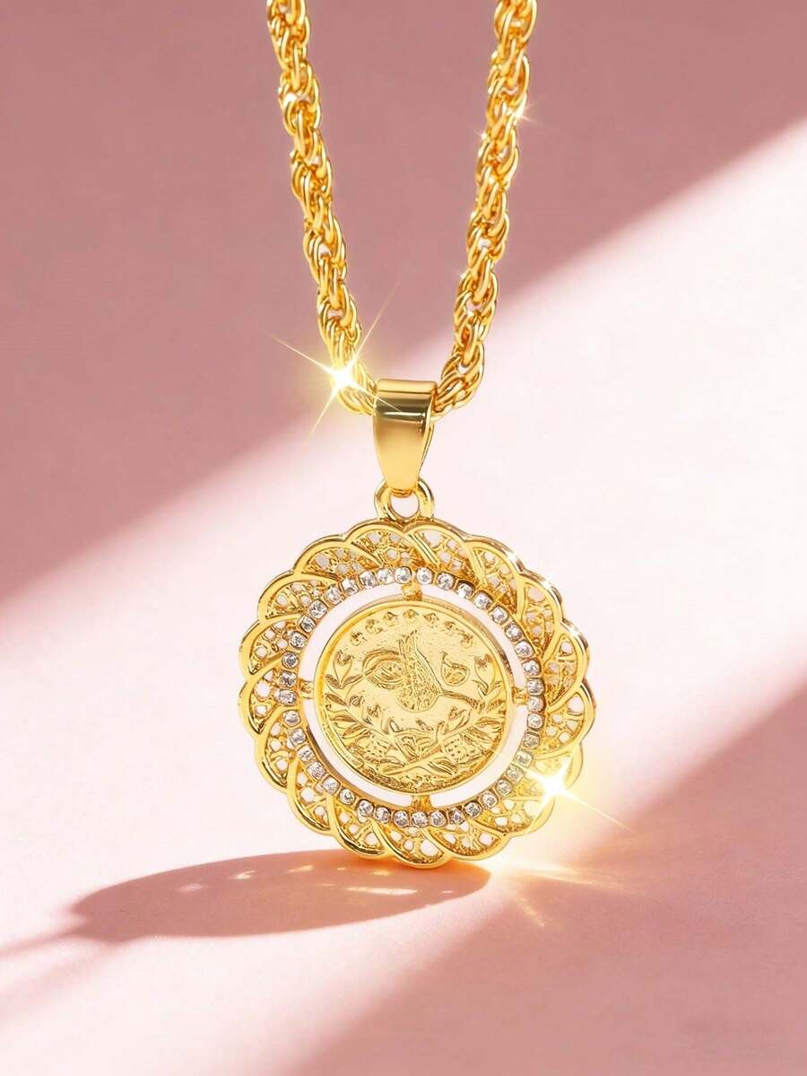 1 chiếc mặt dây chuyền hình đồng xu rỗng kiểu Đế chế Ottoman dành cho nữ, đính đá lấp lánh, thích hợp cho các lễ hội Trung Đông, tiệc tùng, đám cưới, đeo hàng ngày hoặc làm quà tặng. - vòng cổ - Xem 1