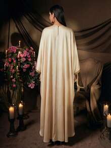 AmazingHoney Elegante bata de kaftan de color crema con detalles bordados en dorado, mangas de murciélago, bata de fiesta abaya, bata de kaftan, bata abaya (corte holgado - por favor, consulte la tabla de tallas) - Albaricoque - Ver 2
