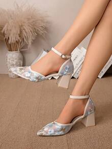 2026夏季新款蕾丝凉鞋女鞋，细跟尖头踝带优雅高跟鞋 - 藍色 - 查看 2