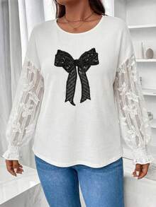 Camiseta de talla grande con cuello redondo, mangas dolman, parches de encaje y lazo con lentejuelas