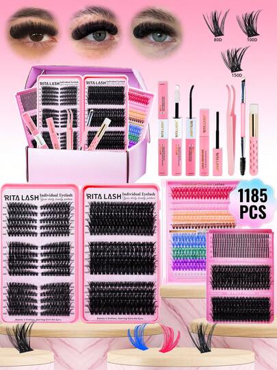  Caja de regalo RITALASH con 1185 piezas de pestañas postizas, 3 estilos, incluye adhesivo, pestañas suaves, rizado D, natural DIY, pestañas individuales, adecuado para principiantes, empaque a granel