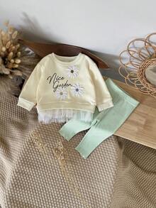 2pcs/Set Toddler Girls Flower Applique Mesh Hem Crew Neck Long Sleeve Sweatshirt + Green Pants, Spring/Autumn - Beige - View 7